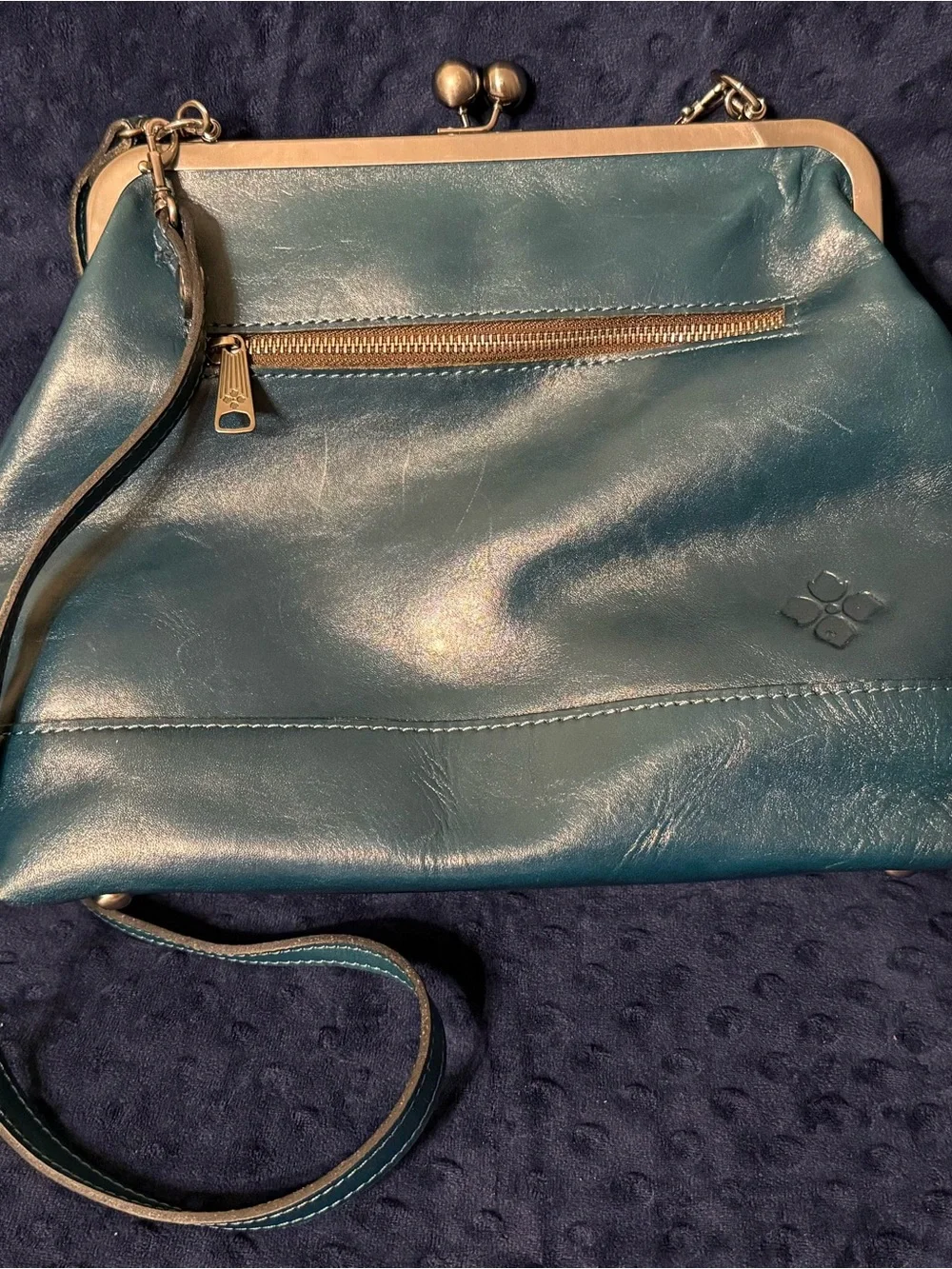 Patricia Nash Teal Floral Tooled Leather Frame Clutch